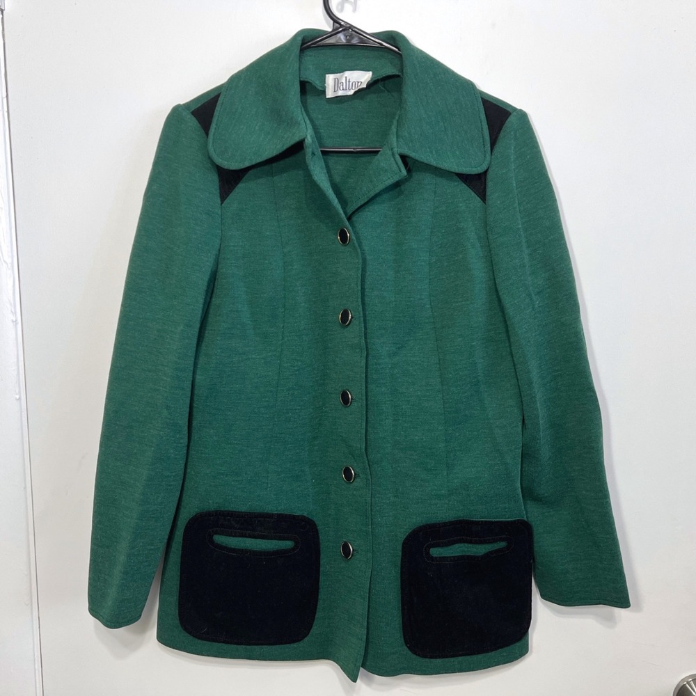 1970s Dalton Blazer Jacket Womens 16‎ Green Vintage Knit Suede Trim Colorblock